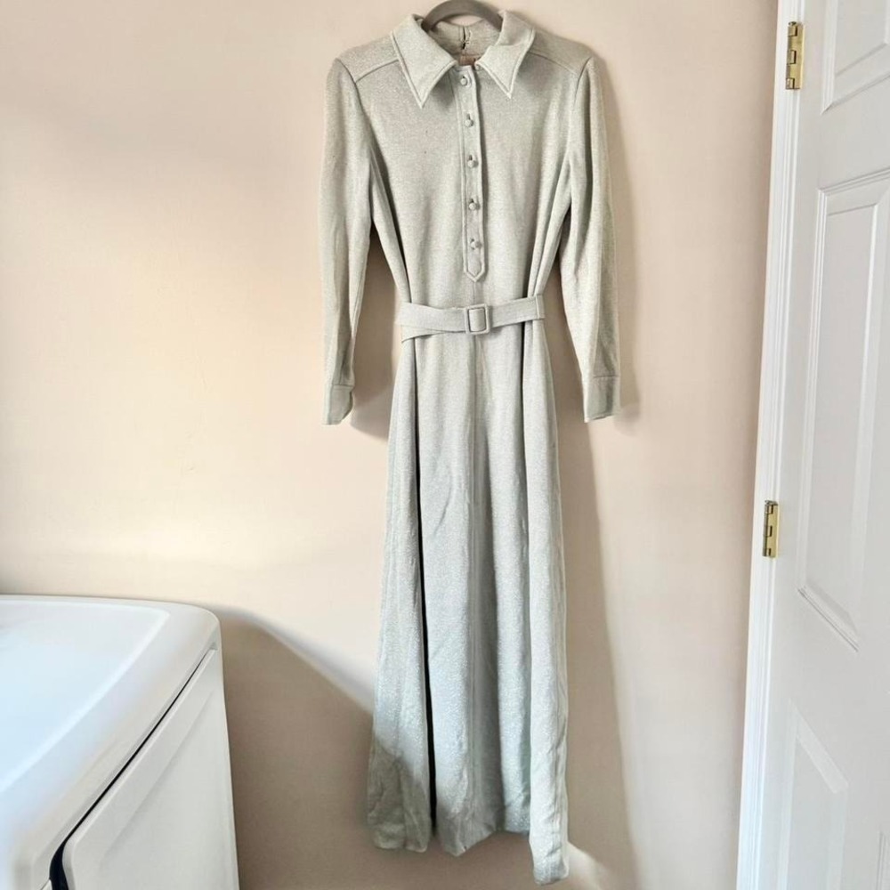 70s Silver Lurex Maxi Dress Disco Metallic Showgirl Shirt Collar Medium Vintage